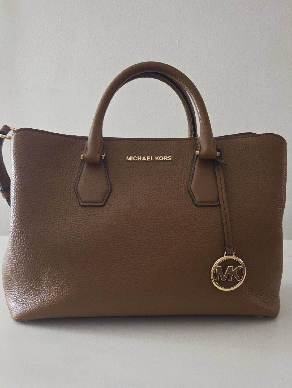 Michael Kors Brown Pebbled Leather Satchel with MK Charm
